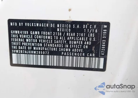 2017 Volkswagen Jetta 1.4T S z USA, uszkodzony, nr VIN 3VW2B7AJXHM285072